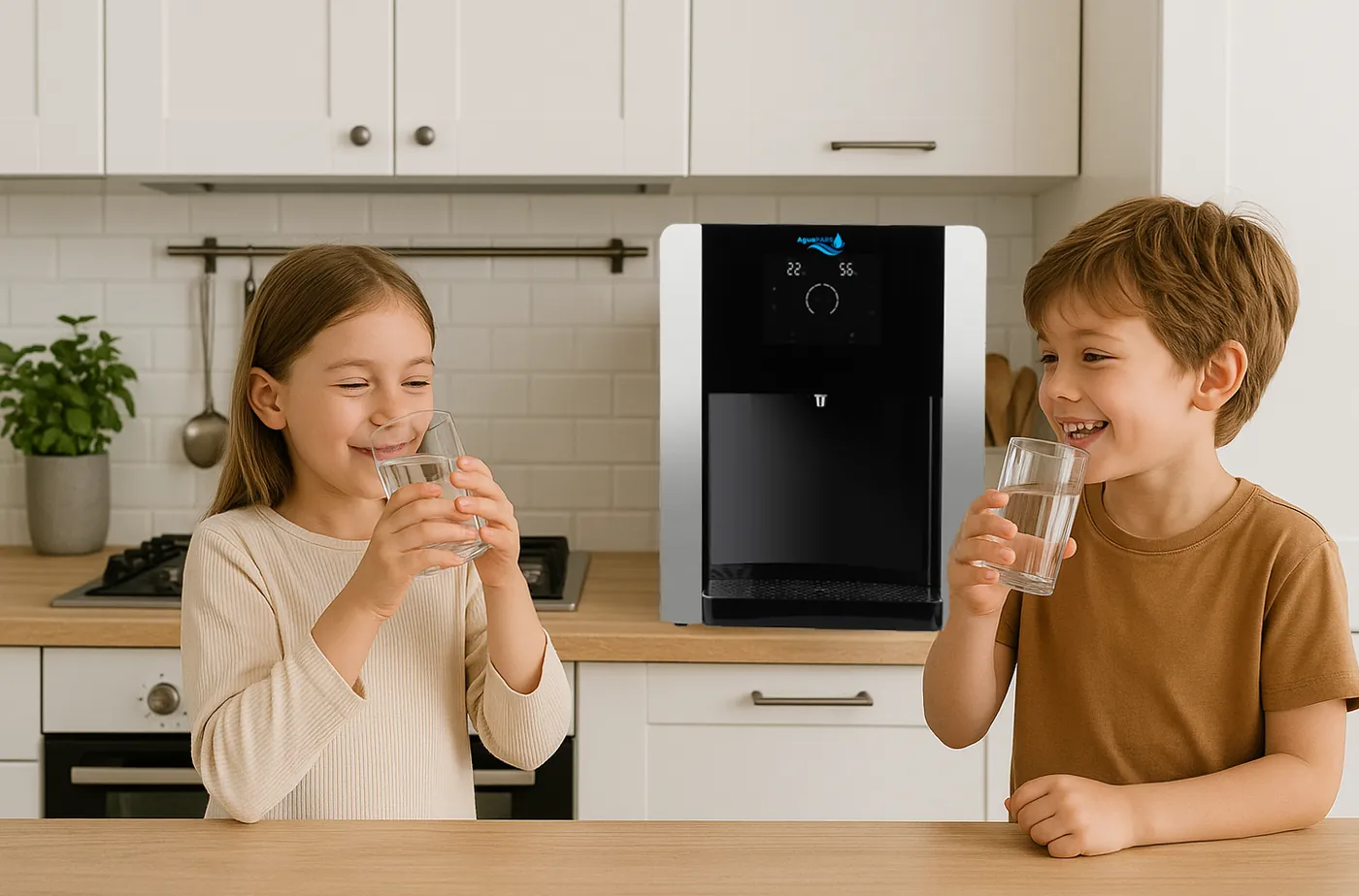 Dos niños bebiendo agua de un generador AguaPARS ZEPHYR en la cocina