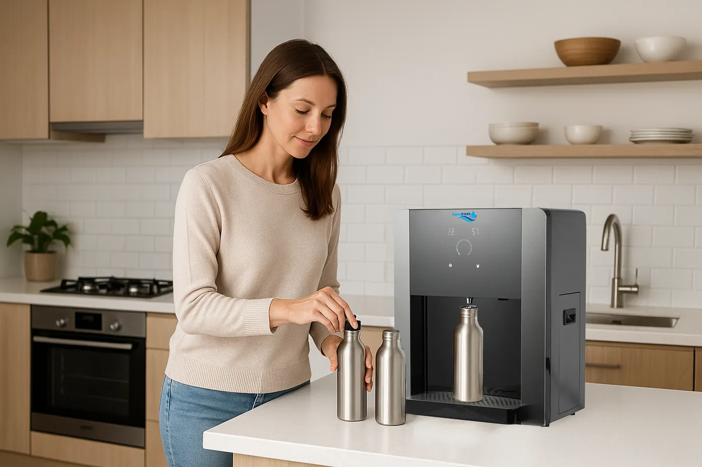 Mujer llenando una jarra en un generador AguaPARS ZEPHYR